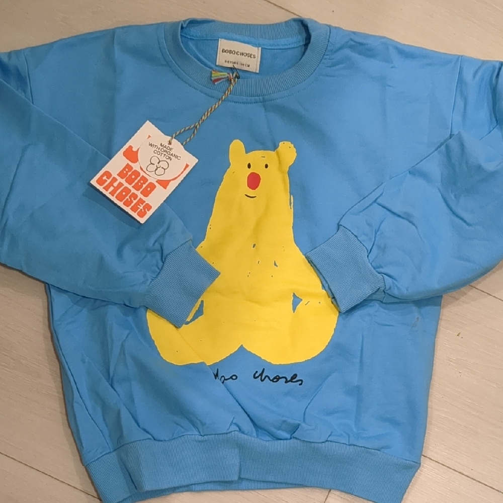 NWT Bobo Choses Size 8-9 Years Sky Blue Sweatshirt with Yellow Bear Design
